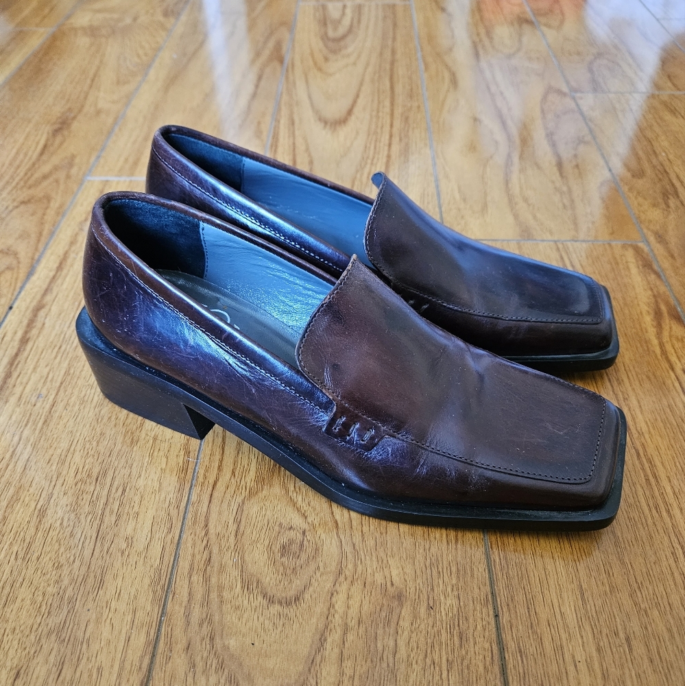 Chestnut brown leather square toe loafers